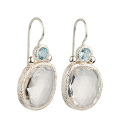 Daya - Double Gem Earrings Silver Blue Topaz and Clear Quartz