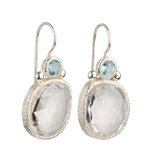 Daya - Double Gem Earrings Silver Blue Topaz and Clear Quartz