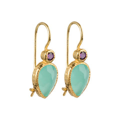 Zaya - double drop oorbellen goud aqua chalcedoon en amethist