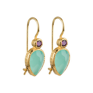 Zaya - double drop oorbellen goud aqua chalcedoon en amethist