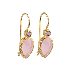 Zaya - double drop oorbellen goud roze chalcedoon en amethist