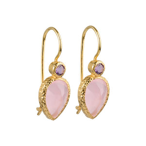 Zaya - double drop oorbellen goud roze chalcedoon en amethist
