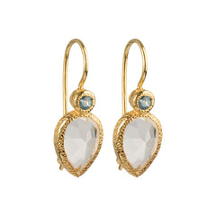 Zaya - double drop earrings gold blue topaz and clear quartz