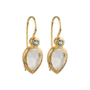 Zaya - double drop earrings gold blue topaz and clear quartz