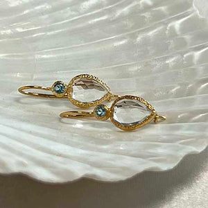 Zaya - double drop earrings gold blue topaz and clear quartz