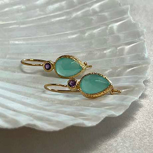 Zaya - double drop oorbellen goud aqua chalcedoon en amethist