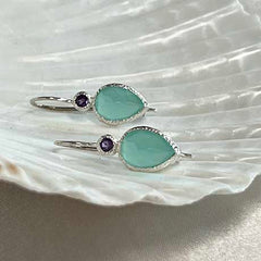 Zaya - double drop oorbellen zilver amethist en aqua chalcedoon