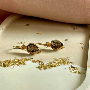 Zaya - double drop oorbellen goud citrien en rookkwarts