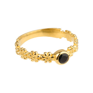 Iris - bloemenband ring goud met zwarte onyx edelsteen