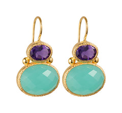 Darae - double gem oorbellen goud amethist en aqua chalcedoon