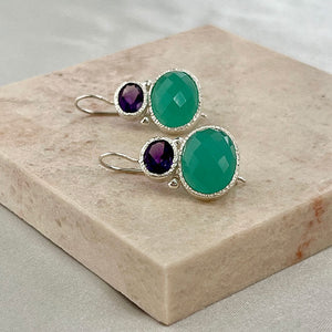 Darae - double gem oorbellen zilver amethist en aqua chalcedoon