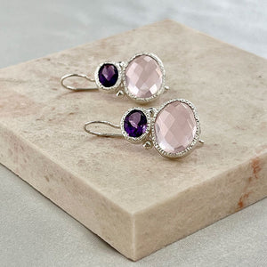 Darae - double gem oorbellen zilver amethist en roze chalcedoon