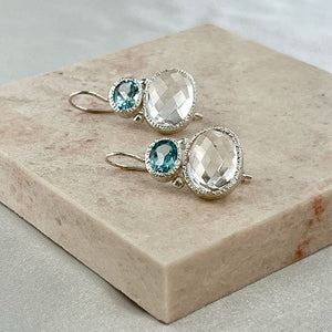 Darae - double gem oorbellen zilver blauwe topaas heldere kwarts