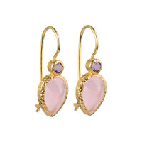 Zaya - double drop oorbellen goud roze chalcedoon en amethist