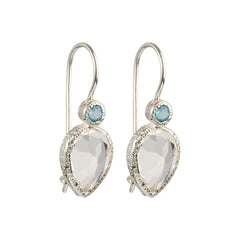 Zaya - double drop oorbellen zilver blauwe topaas en heldere kwarts