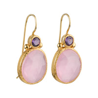 Daya - double gem oorbellen goud amethist en roze chalcedoon