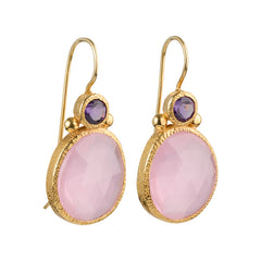 Daya - double gem oorbellen goud amethist en roze chalcedoon