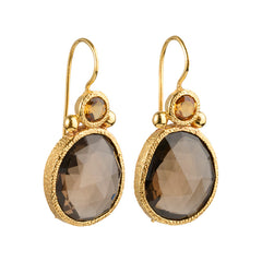 Daya - double gem oorbellen goud citrien en rookkwarts
