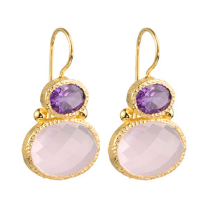 Darae - double gem oorbellen goud amethist en roze chalcedoon