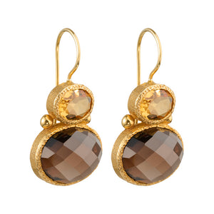Darae - double gem oorbellen goud citrien en rookkwarts