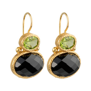 Darae - double gem oorbellen goud peridot en zwarte onyx