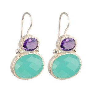 Darae - double gem oorbellen zilver amethist en aqua chalcedoon
