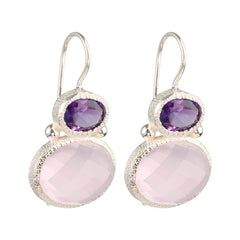 Darae - double gem oorbellen zilver amethist en roze chalcedoon