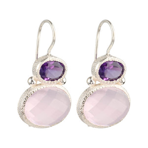 Darae - double gem oorbellen zilver amethist en roze chalcedoon