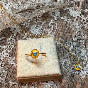Dahlia - golden mini flower ring blue topaz