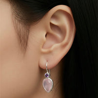 Zaya - double drop oorbellen zilver amethist en roze chalcedoon