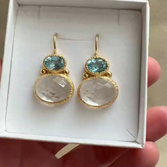 Darae - double gem earrings gold blue topaz and clear quartz