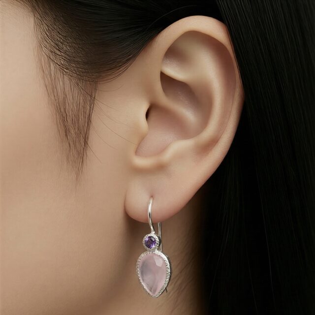 Zaya - double drop oorbellen zilver amethist en roze chalcedoon