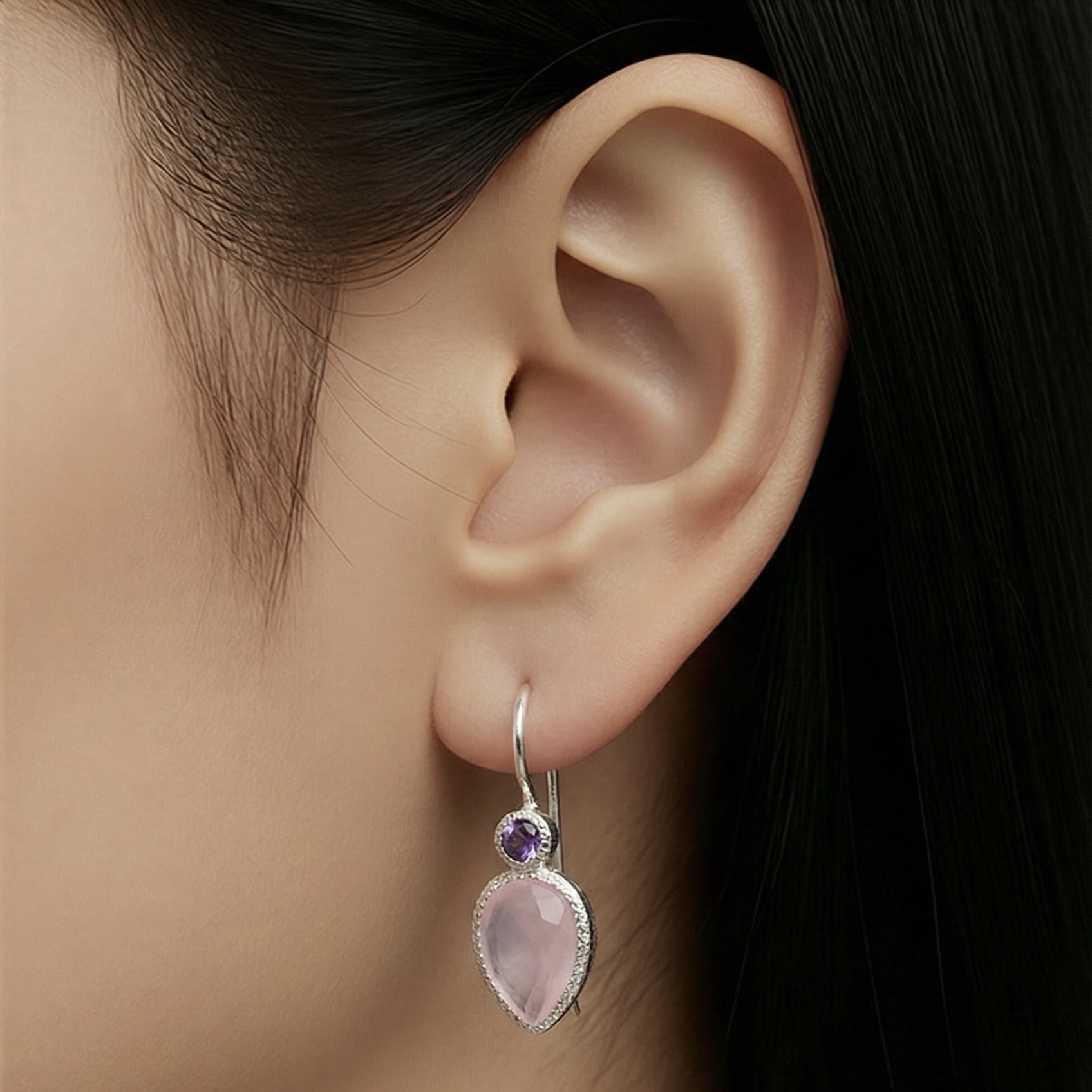 Zaya - double drop oorbellen zilver amethist en roze chalcedoon