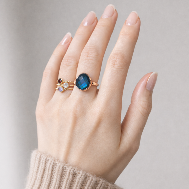 hand met wavy edge ring labradoriet en geboortesteenringen